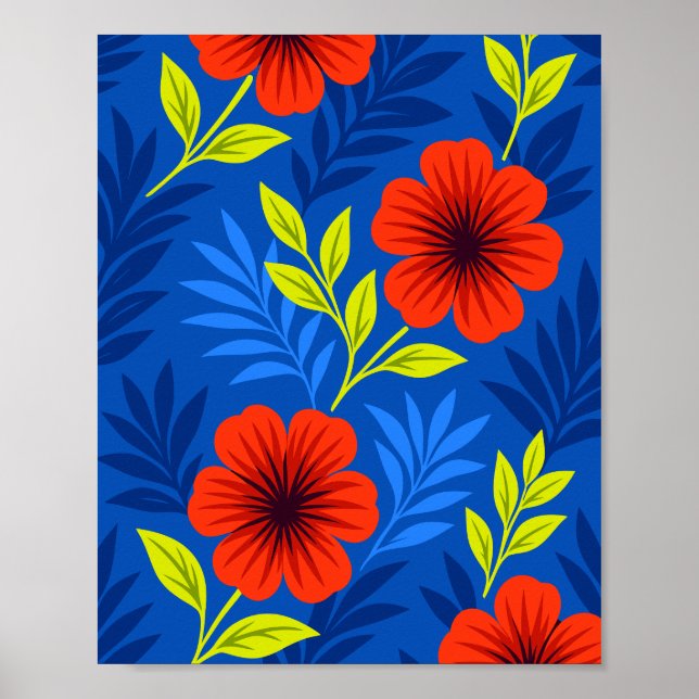 Affiche Fleurs rouges vermillon audacieuses avec des feuil (Devant)