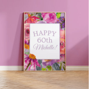 Affiche Fleurs sauvages aquarelle rose violet Joyeux 60e