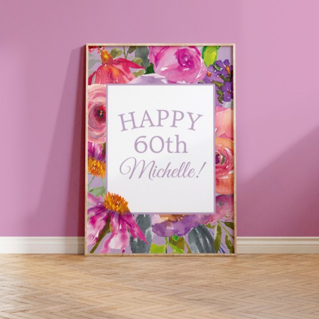Affiche Fleurs sauvages aquarelle rose violet Joyeux 60e (Créateur téléchargé)