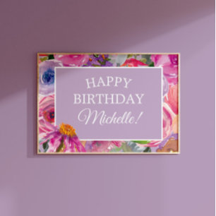 Affiche Fleurs sauvages aquarelle rose violet Joyeux Anniv