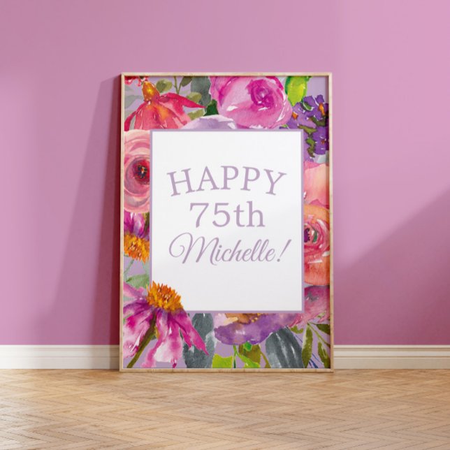 Affiche Fleurs sauvages aquarelles rose violet Joyeux 75e (Créateur téléchargé)