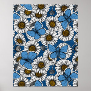 Affiche Fleurs sauvages blanches et papillons bleus