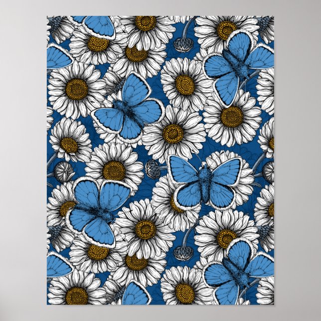 Affiche Fleurs sauvages blanches et papillons bleus (Devant)
