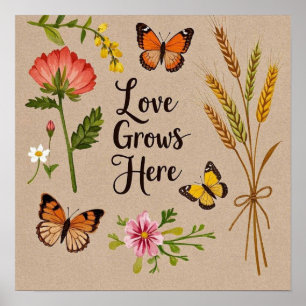 Affiche Fleurs sauvages bohémiennes, papillons, tiges de b