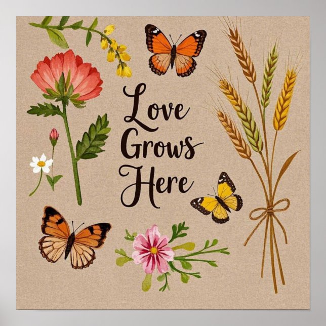 Affiche Fleurs sauvages bohémiennes, papillons, tiges de b (Devant)