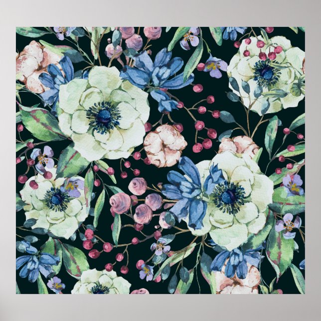 Affiche Fleurs sauvages d'anémones : Motif d'aquarelle Vin (Devant)