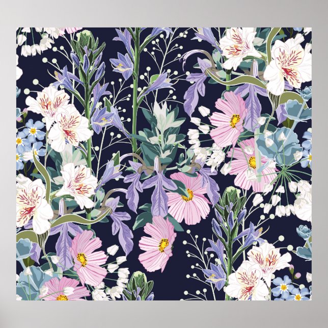 Affiche Fleurs sauvages de printemps : Bleu foncé Vintage. (Devant)