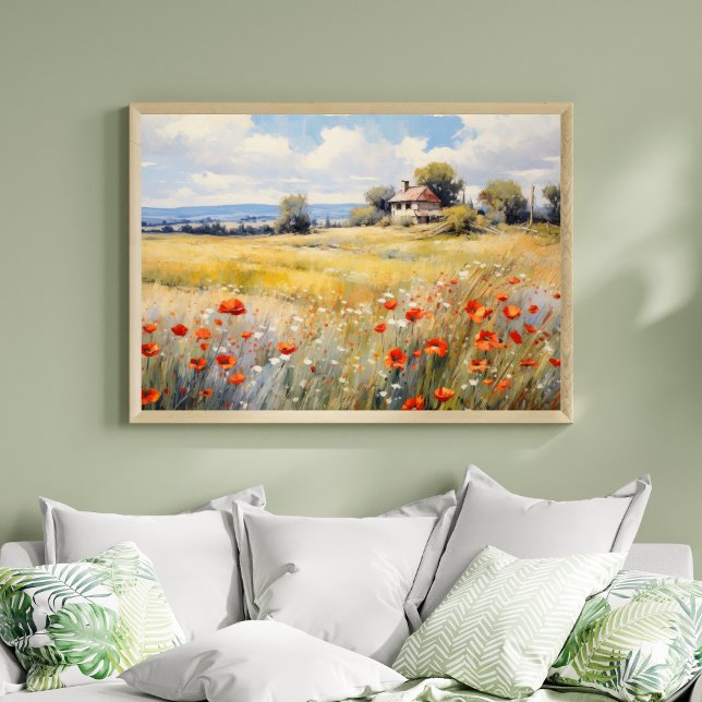 Affiche Fleurs sauvages en campagne Agritourisme rustique (Orange White Wildflowers Country Rustic Landscape Farmhouse Wall Art Watercolor Print)