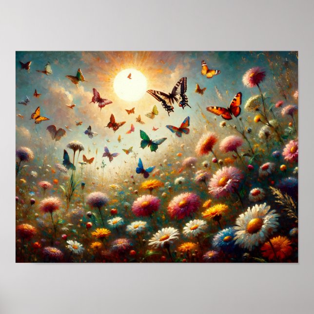 Affiche Fleurs sauvages en fleurs entourés de papillons (Devant)