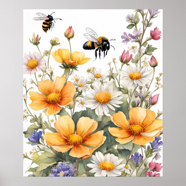 Affiche Fleurs sauvages et Abeilles de miel Aquarelle (Devant)