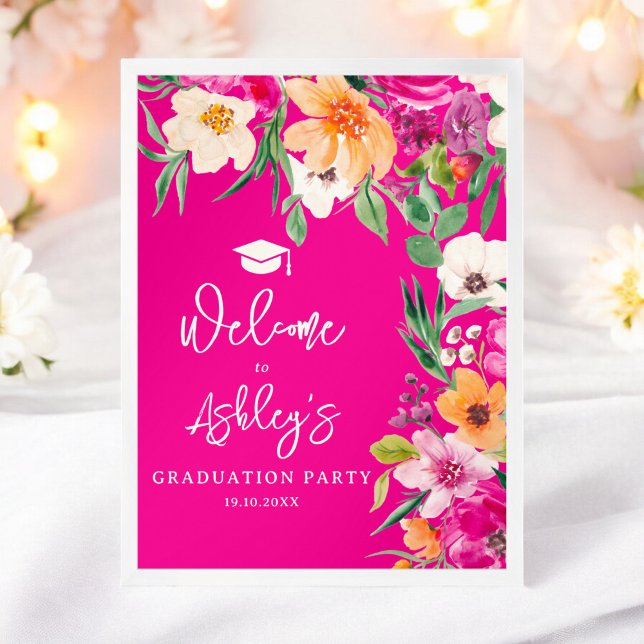Affiche Fleurs sauvages lumineuses rose bienvenue (Bright wild flowers pink graduation welcome poster)