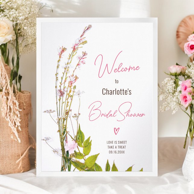 Affiche Fleurs sauvages modernes script douche de mariée b (Modern wild flowers script bridal shower welcome poster)