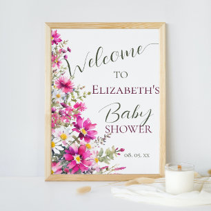 Affiche Fleurs sauvages rose vif Floral Boho Script Bienve