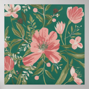 Affiche Fleurs sauvages roses corail sur fond d'art botani