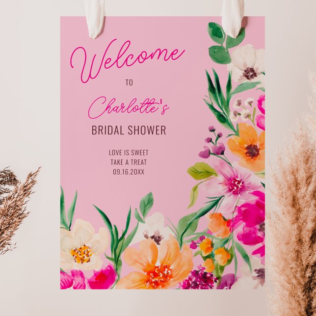 Affiche Fleurs sauvages vives et vives bienvenue douche nu (Bright bold wild flowers welcome bridal shower poster on pink)