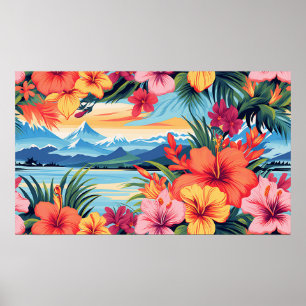Affiche Fleurs tropicales colorées et paysage