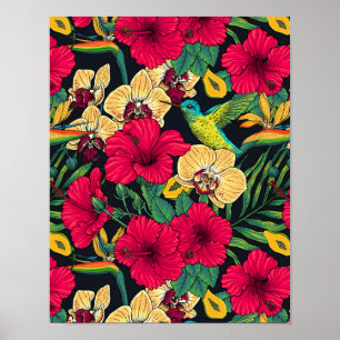 Affiche Fleurs tropicales et colibri - Botanica d'été