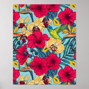 Affiche Fleurs tropicales et colibri - Botanica d'été