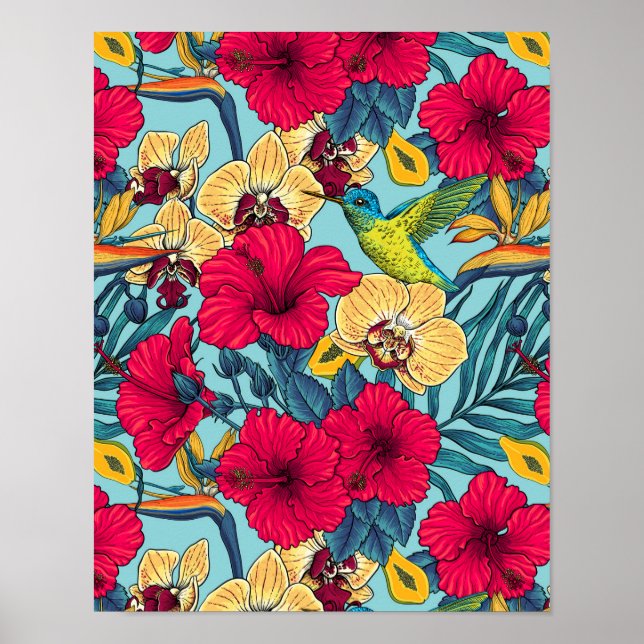 Affiche Fleurs tropicales et colibri - Botanica d'été (Devant)