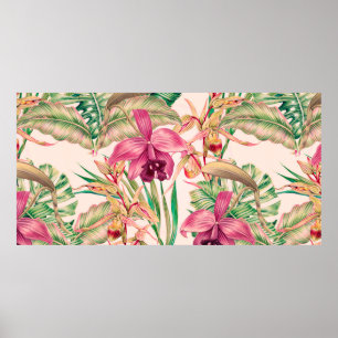 Affiche Fleurs tropicales, fleur d'orchidées, feuilles de