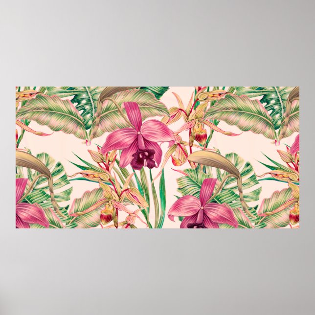 Affiche Fleurs tropicales, fleur d'orchidées, feuilles de  (Devant)