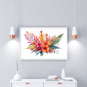 Affiche Fleurs tropicales florales Rose pêche jaune orange