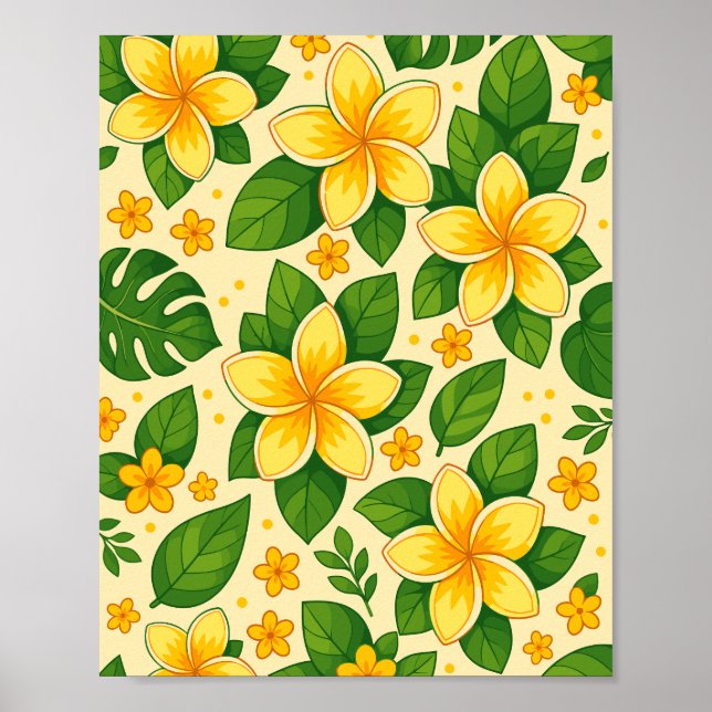 Affiche Fleurs tropicales jaunes avec des feuilles vertes  (Devant)