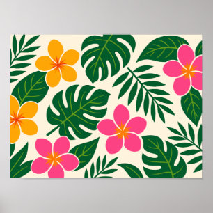 Affiche Fleurs tropicales orange et rose avec feuilles ver
