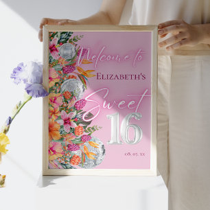 Affiche Fleurs tropicales rose néon Glow Sweet 16 Bienvenu