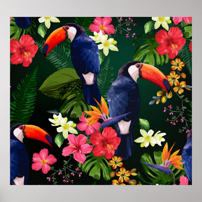Affiche Fleurs tropicales, toucan : arrière - plan floral. (Devant)