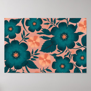 Affiche Fleurs turquoises et de Pêche sur un Arrière - pla
