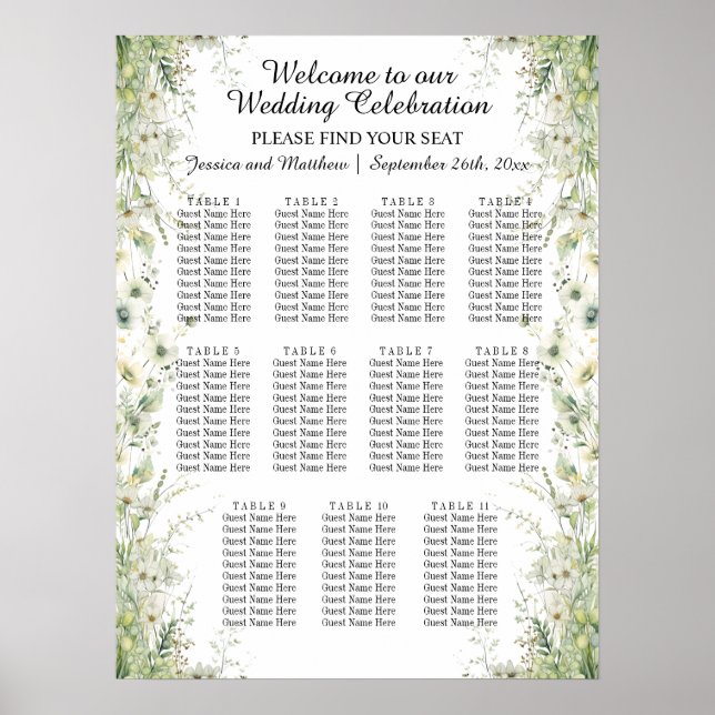 Affiche Fleurs vertes Dusty Sage 11 Tables Siège Mariage (Devant)
