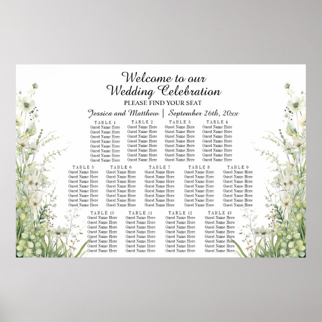 Affiche Fleurs vertes Dusty Sage 13 Tables Siège Mariage (Devant)