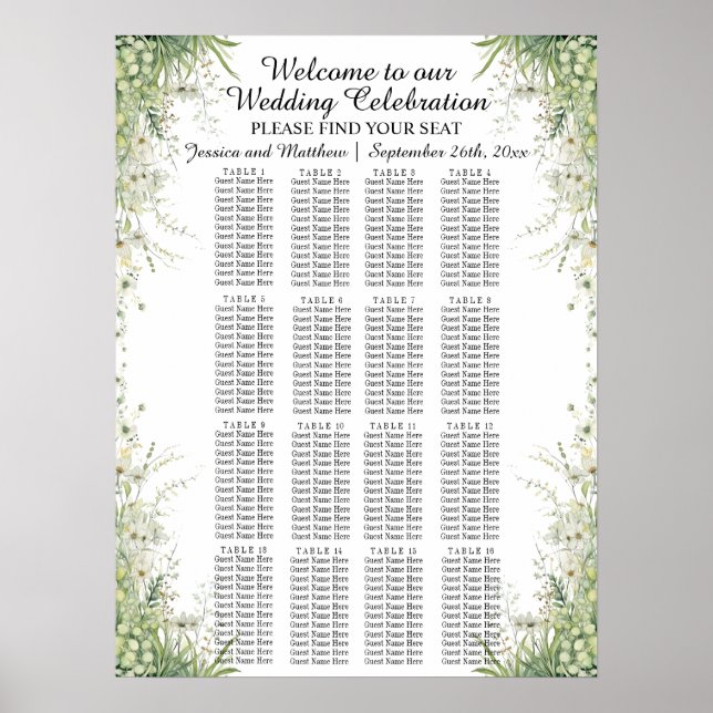 Affiche Fleurs vertes Dusty Sage 16 Tables Siège Mariage (Devant)