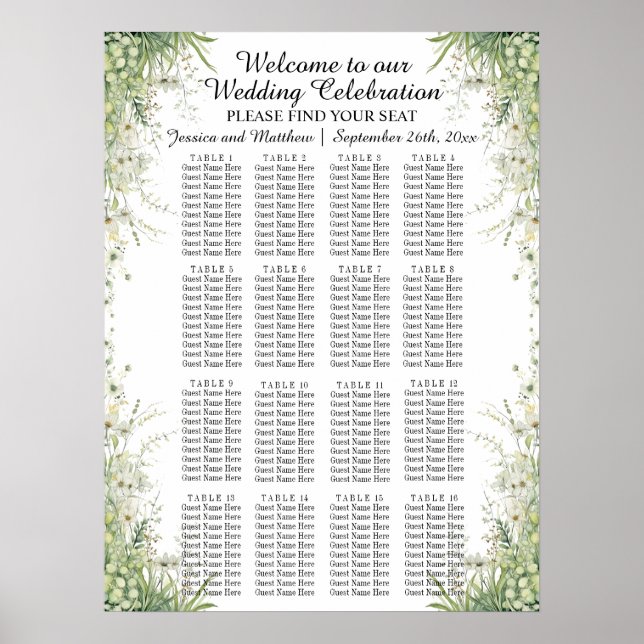 Affiche Fleurs vertes Dusty Sage 16 Tables Siège Mariage (Devant)