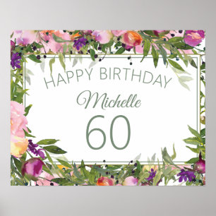 Affiche Fleurs Vertes Floral Violet Rose 60e Anniversaire