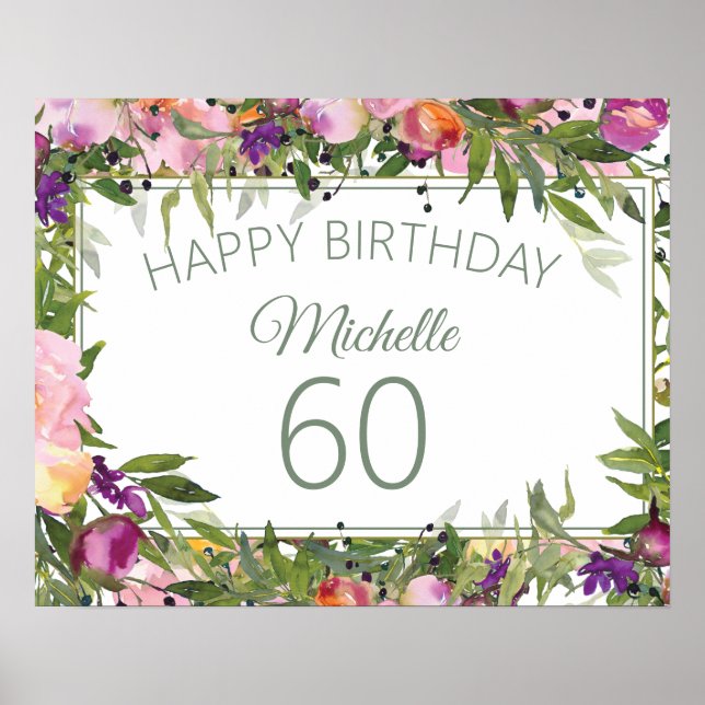 Affiche Fleurs Vertes Floral Violet Rose 60e Anniversaire (Devant)