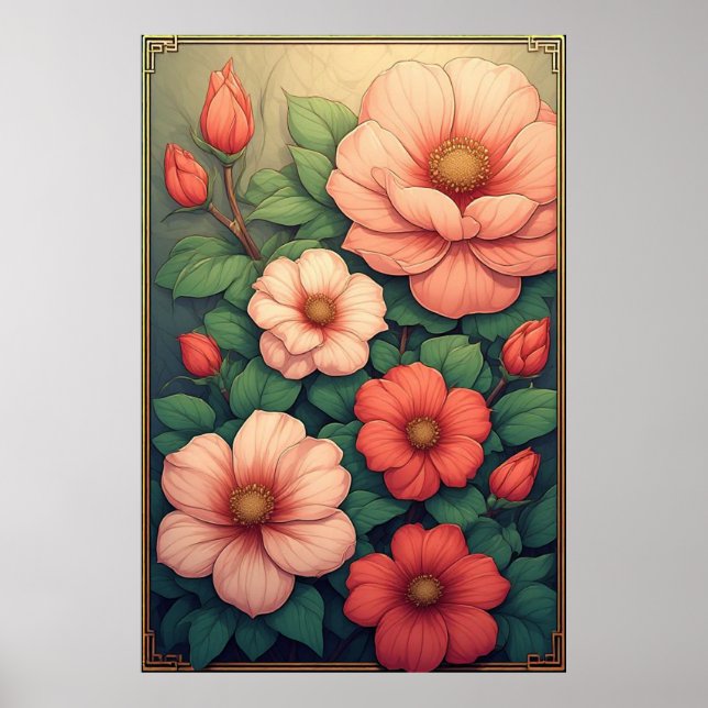 Affiche Fleurs Vintage Feuilles et Fleurs Vertes (Devant)