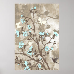 Affiche Fleurs vintages bleu, taupe grunge floral personna