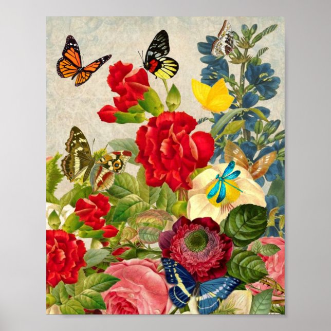 Affiche Fleurs Vintages et papillons du jardin (Devant)