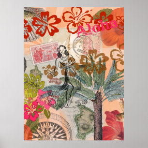 Affiche Fleurs vintages Hula Colorful Hawaiian Tropical