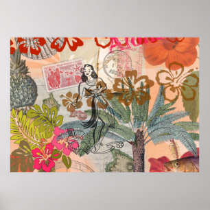 Affiche Fleurs vintages Hula Colorful Hawaiian Tropical