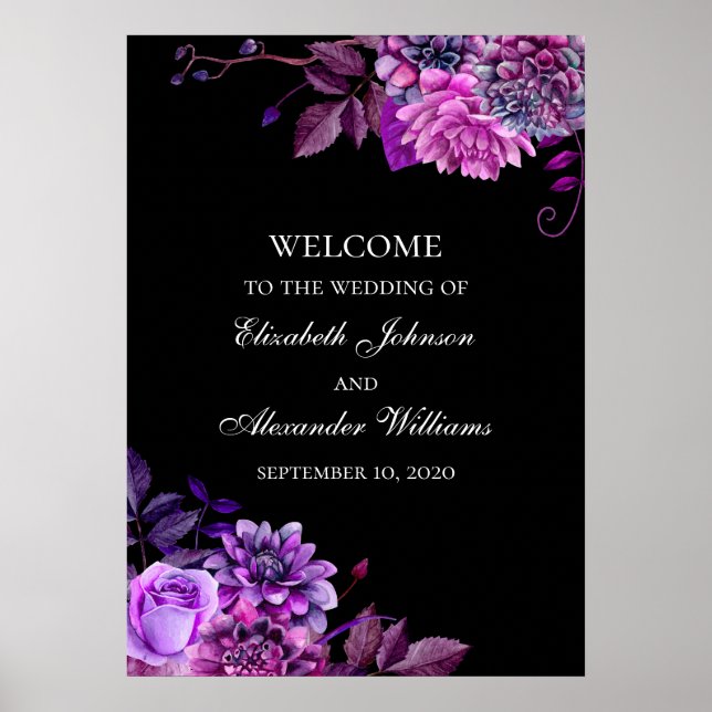 Affiche Fleurs violettes à l'aquarelle. Bienvenue au maria (Devant)