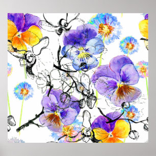 Affiche Fleurs violettes Aquarelle Motif Vintage