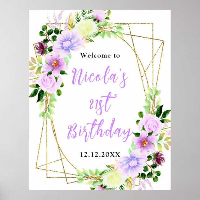Affiche Fleurs violettes avec feuillage Bienvenue d'annive (Devant)