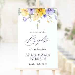 Affiche Fleurs violettes, Fleurs jaunes, Bienvenue au bapt