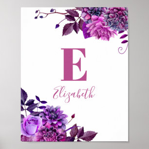 Affiche Fleurs violettes. Nom de la petite fille et monogr