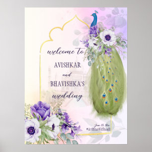 Affiche Fleurs violettes paon mariage signe de bienvenue