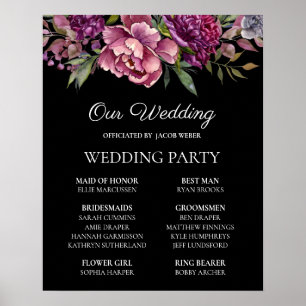 Affiche Fleurs violettes roses sur fond noir pour mariage
