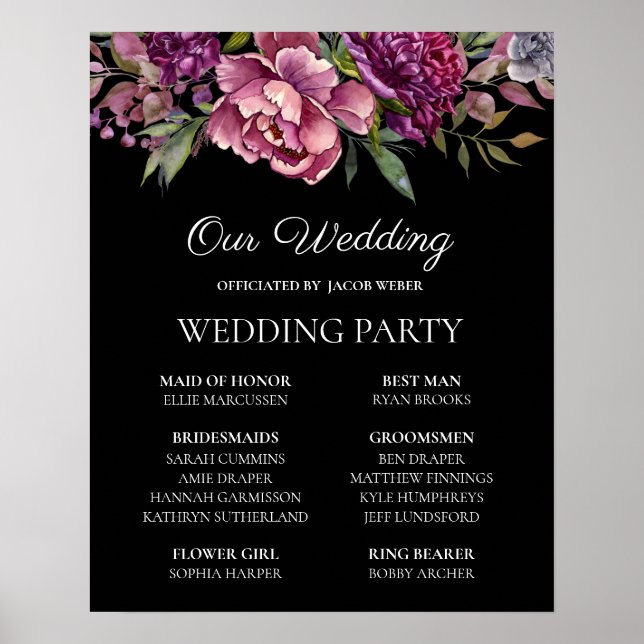 Affiche Fleurs violettes roses sur fond noir pour mariage  (Devant)